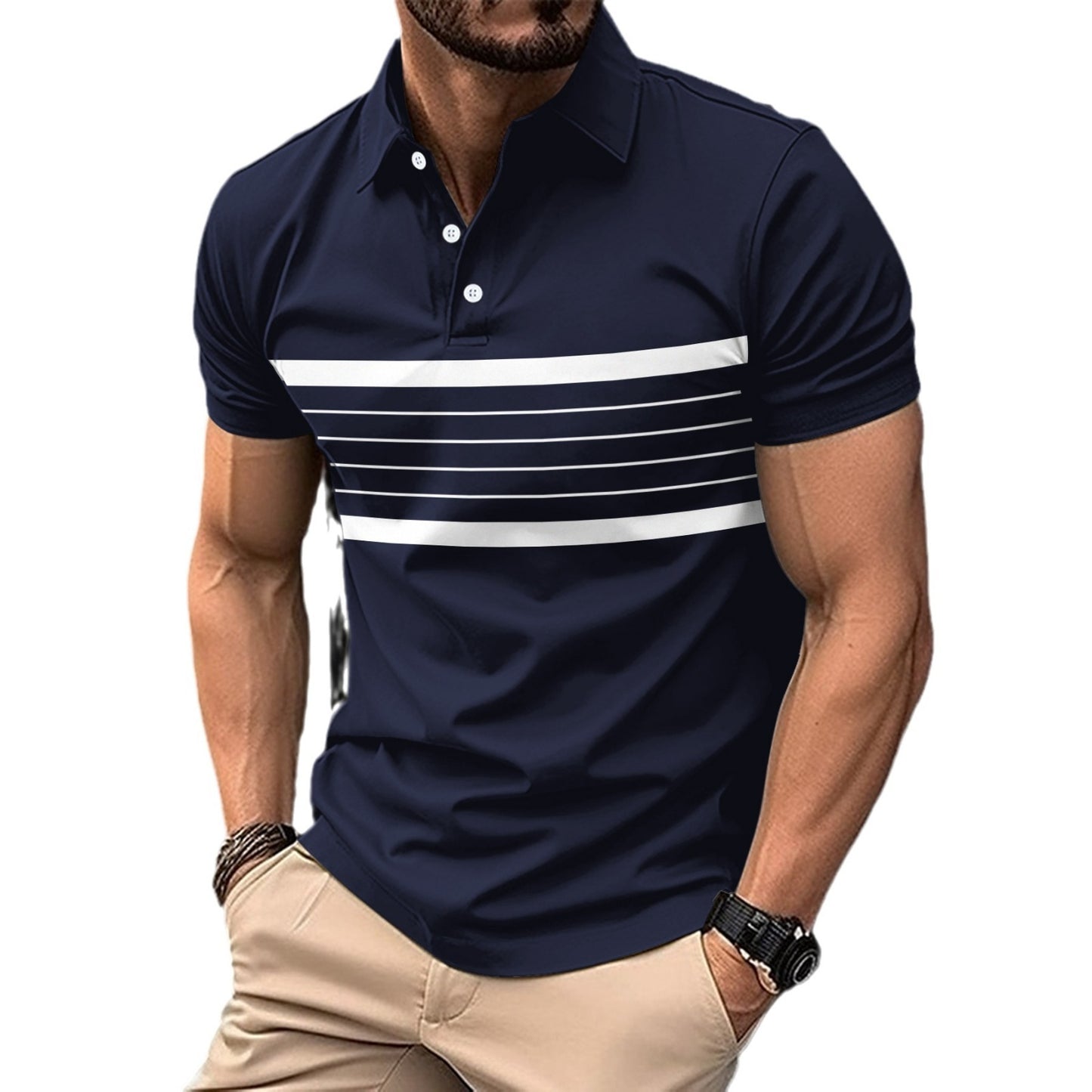 Summer V-neck Button Striped All-matching T-shirt