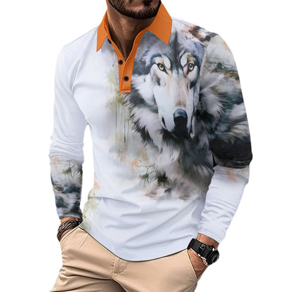 Long Sleeve Wolf Head Men's Casual Polo Shirt